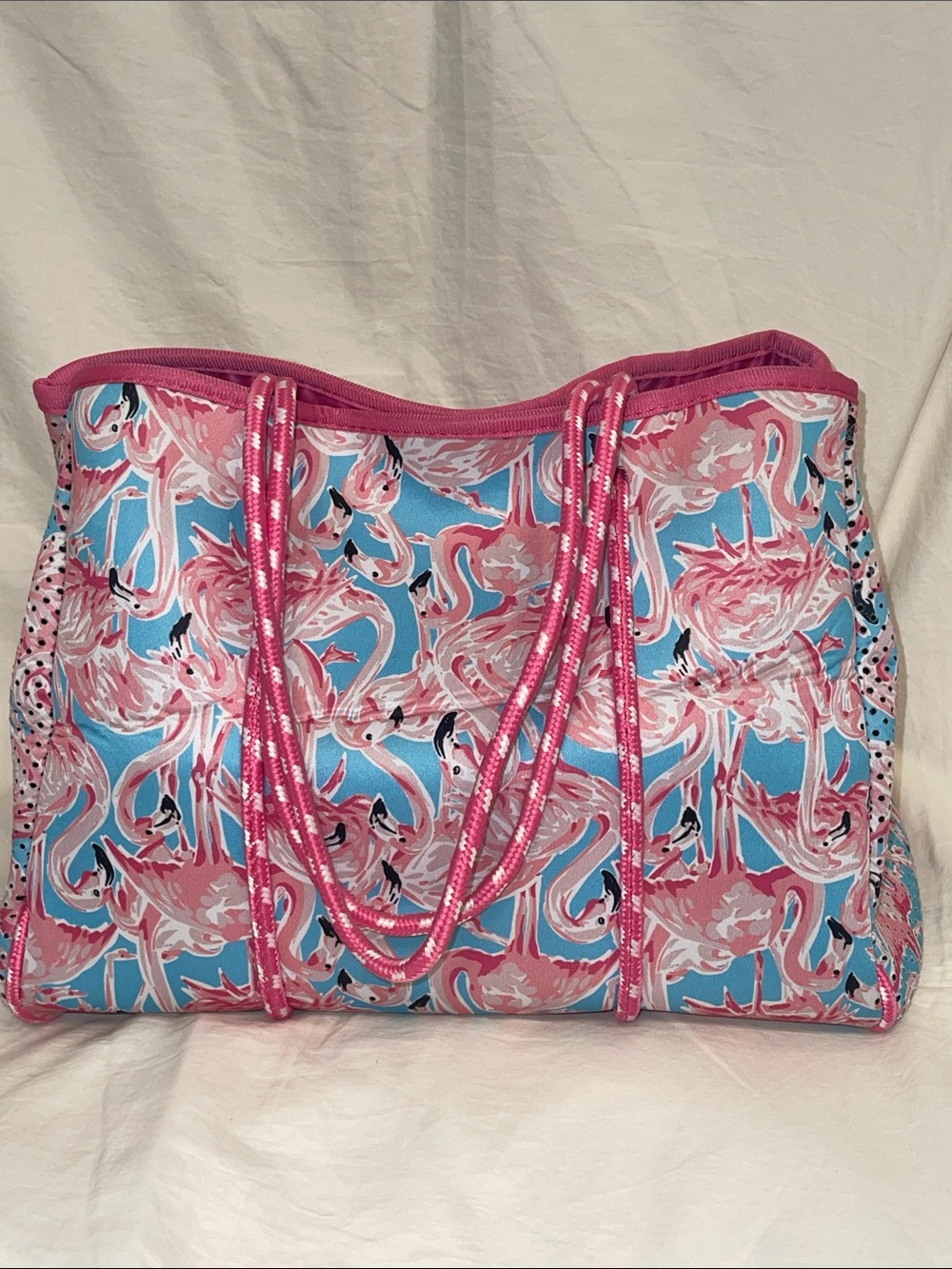 Simply Southern Neoprene Pink Flamingo Print Tote Bag with Blue Stripe - Picture 3 of 6
